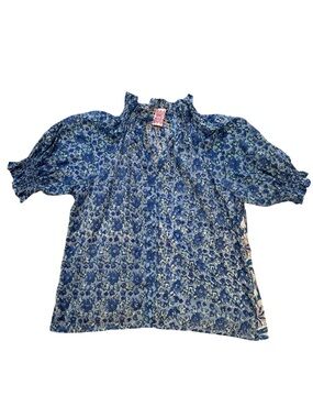 Mod’s Mahal Block Print Inspired Blue Floral Smocked Neck Blouse Preppy Casual